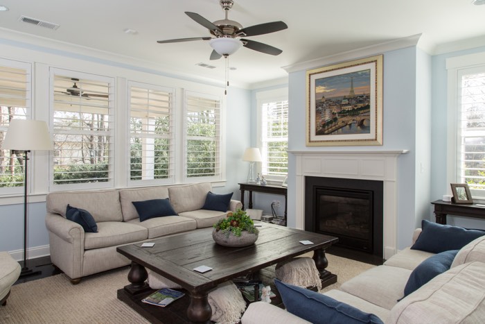 Bright and airy room with polywood plantation shutters